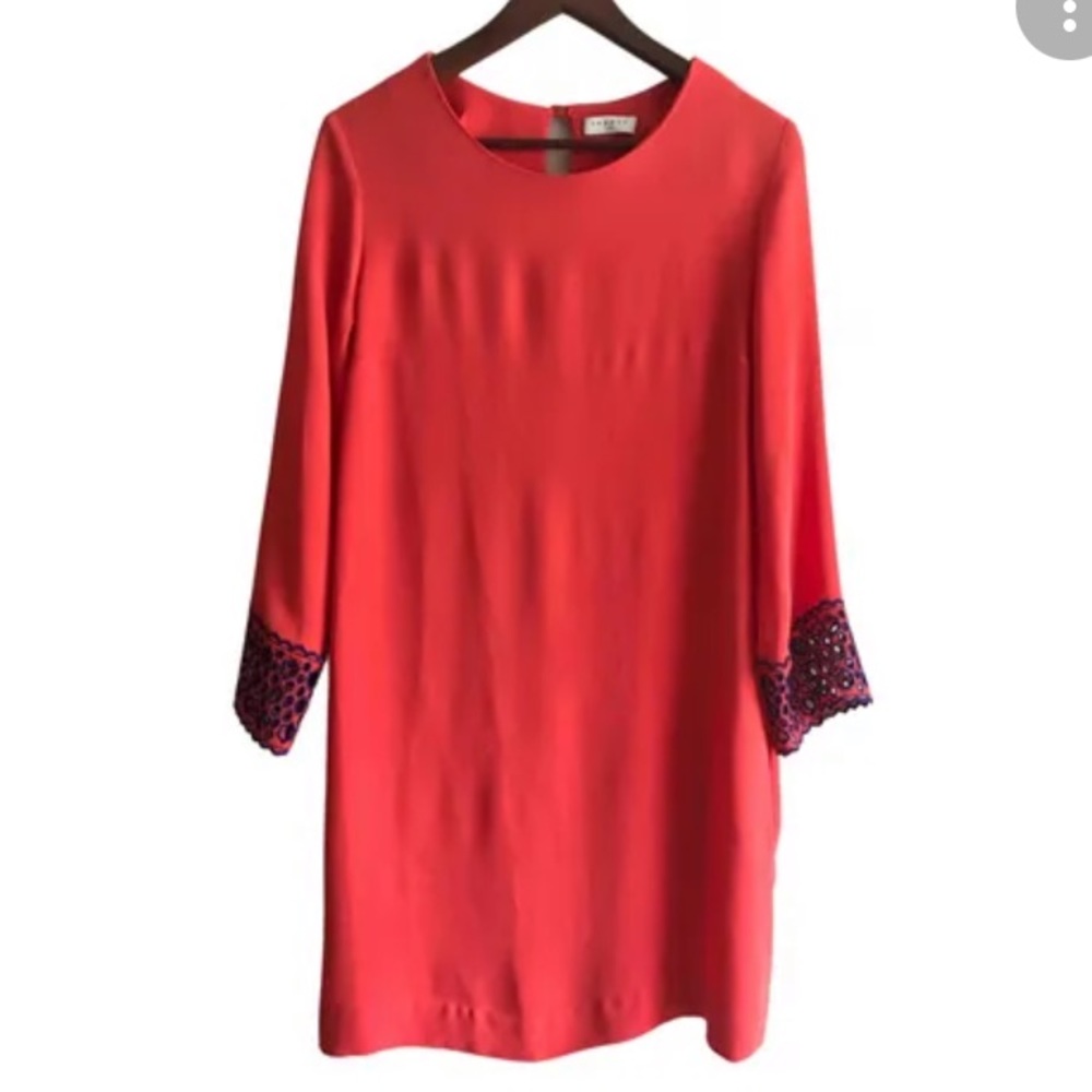 Sandro Dress Salmon Color With Blue Laser Cut Sleeves